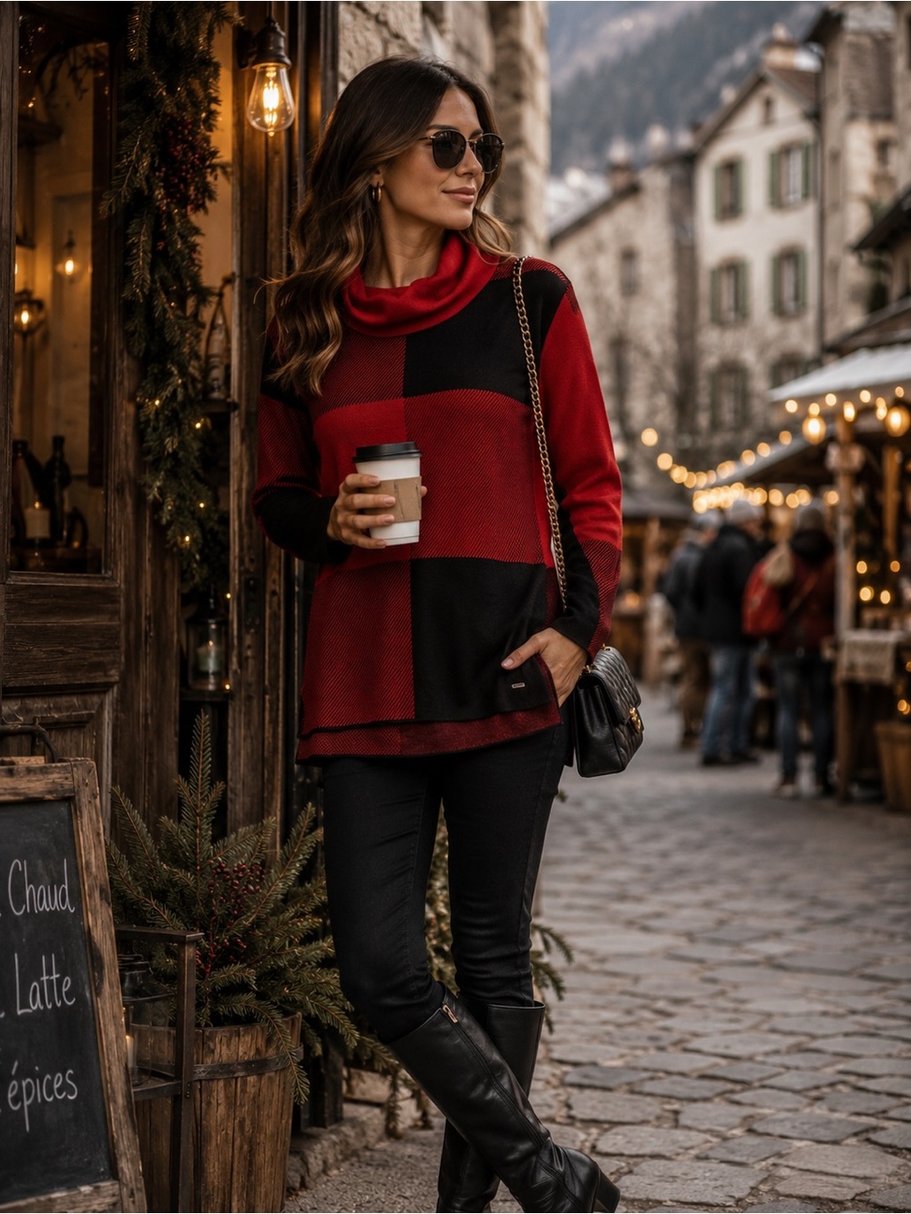 Calvin Klein Red Black Colorblock Cowl Neck Sweater S Quiet Luxury Buffalo Plaid